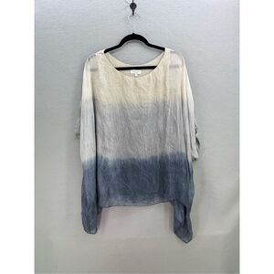 H Trend Made in Italy Womens Blue Cream Ombré Dye Oversized Blouse Top Small